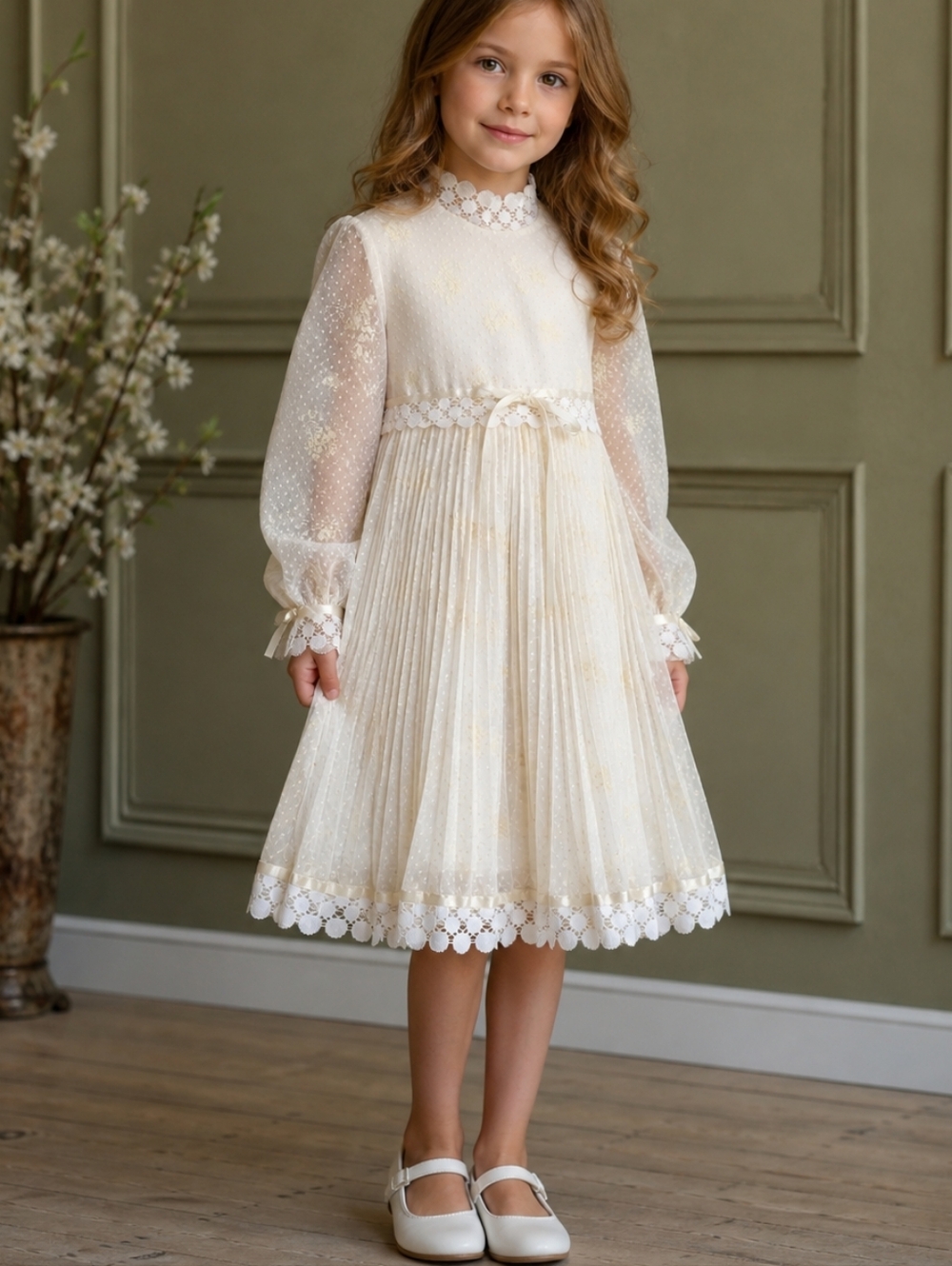 Vintage Ivory Lace Flower Girl Dress 5–6T Wedding Easter Satin Bow USA